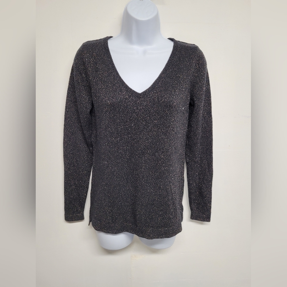 Old Navy XS Black Gold Metallic Knit Sweater V Neck Long Sleeve